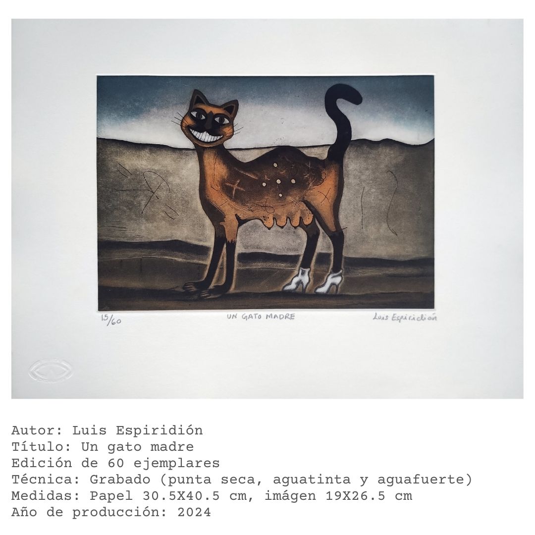 Un gato madre — obra gráfica de Luis Espiridión con ficha técnica